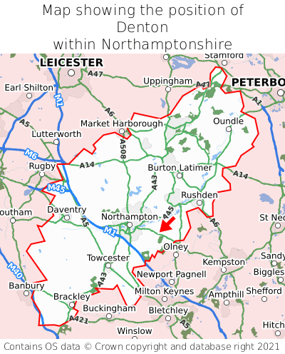 Map showing location of Denton within Northamptonshire