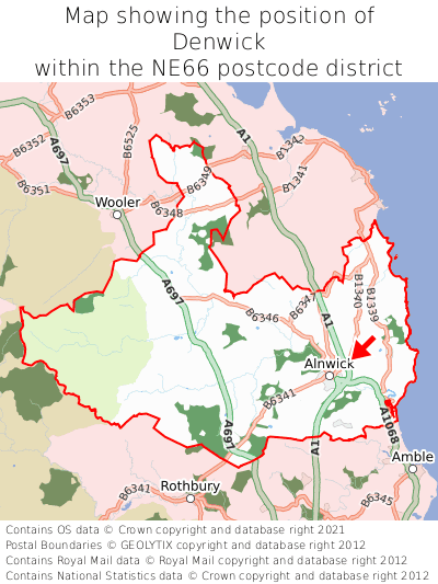 Map showing location of Denwick within NE66