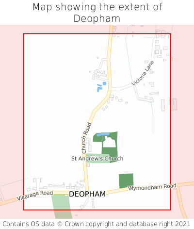 Map showing extent of Deopham as bounding box