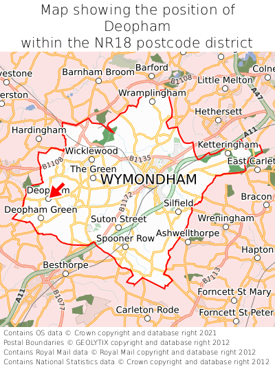 Map showing location of Deopham within NR18