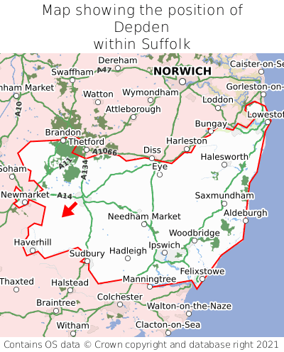 Map showing location of Depden within Suffolk