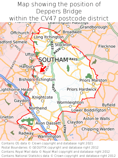 Map showing location of Deppers Bridge within CV47