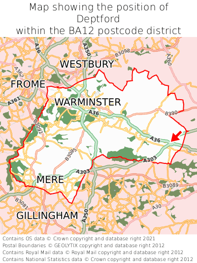 Map showing location of Deptford within BA12