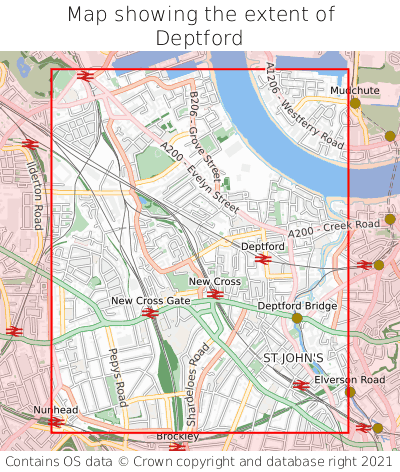 Map showing extent of Deptford as bounding box