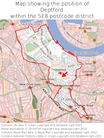 Map showing location of Deptford within SE8