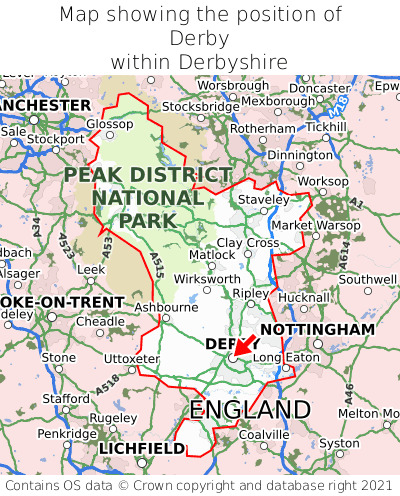 Map showing location of Derby within Derbyshire