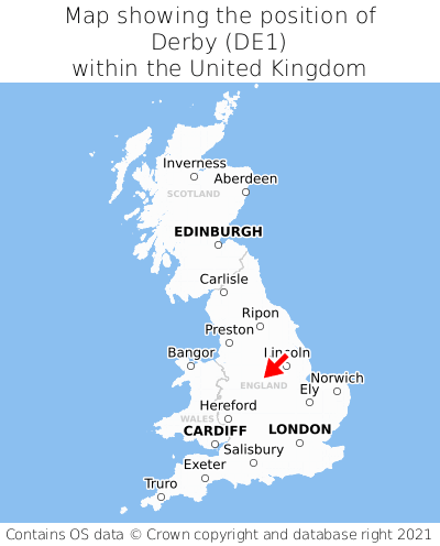 Map showing location of Derby within the UK