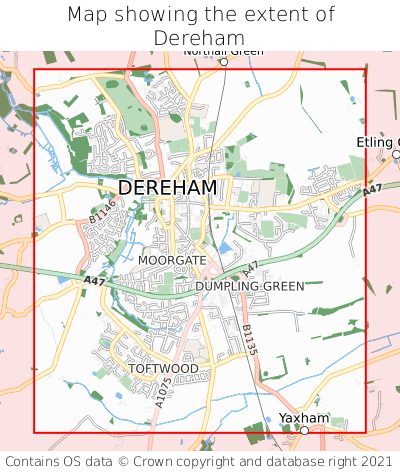 Map showing extent of Dereham as bounding box