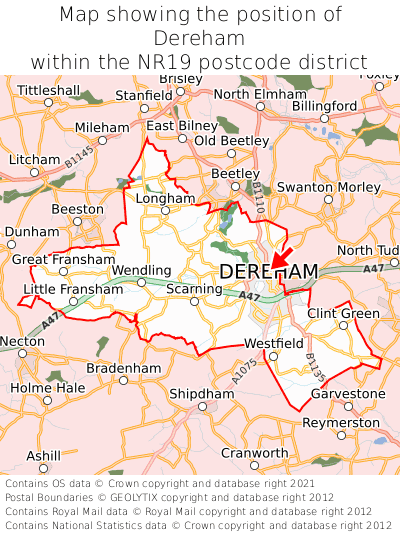 Map showing location of Dereham within NR19