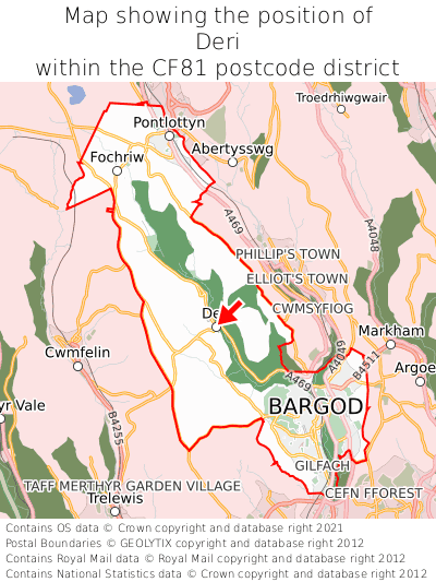 Map showing location of Deri within CF81