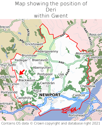 Map showing location of Deri within Gwent