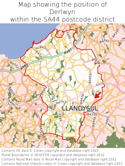 Map showing location of Derlwyn within SA44