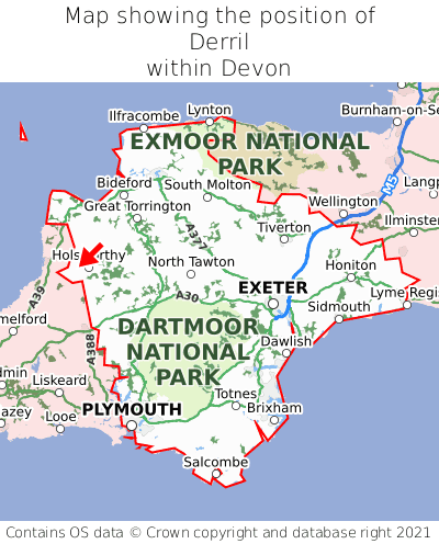 Map showing location of Derril within Devon