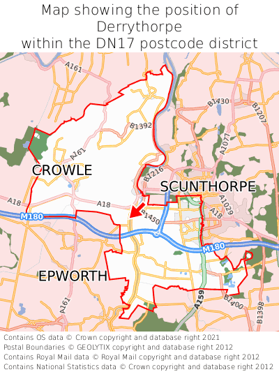 Map showing location of Derrythorpe within DN17