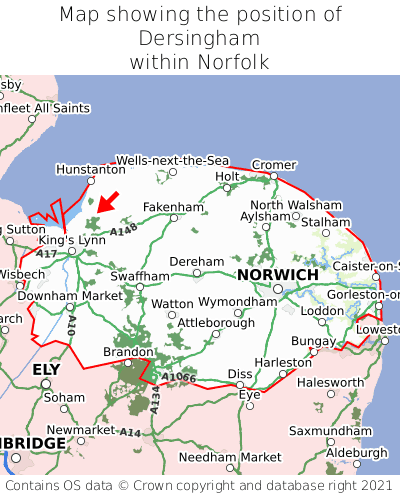 Map showing location of Dersingham within Norfolk