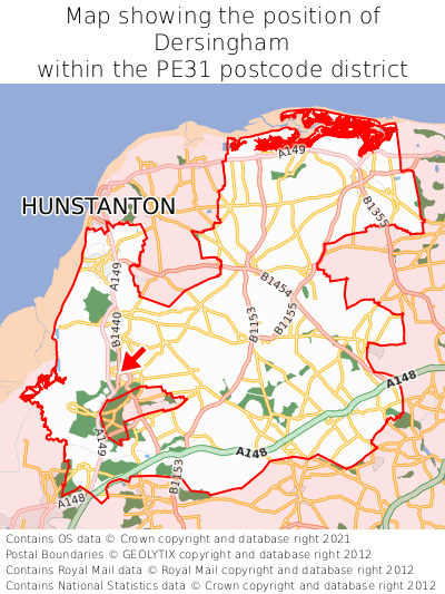 Map showing location of Dersingham within PE31