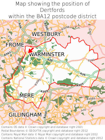 Map showing location of Dertfords within BA12