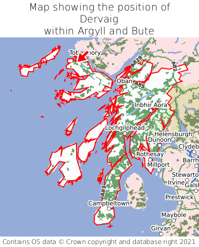 Map showing location of Dervaig within Argyll and Bute