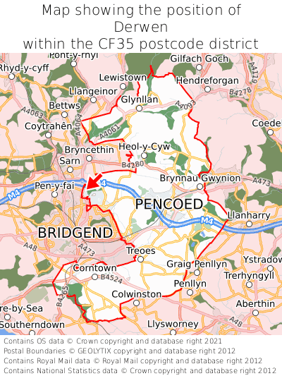 Map showing location of Derwen within CF35