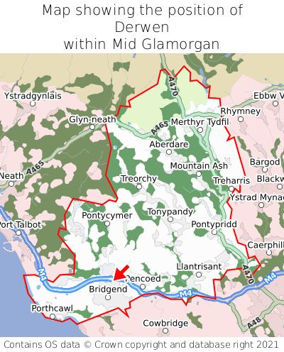Map showing location of Derwen within Mid Glamorgan