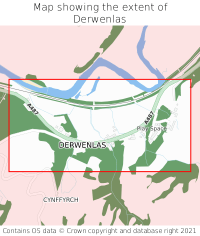 Map showing extent of Derwenlas as bounding box