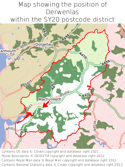 Map showing location of Derwenlas within SY20