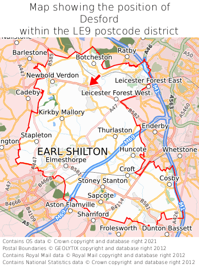 Map showing location of Desford within LE9