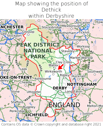 Map showing location of Dethick within Derbyshire
