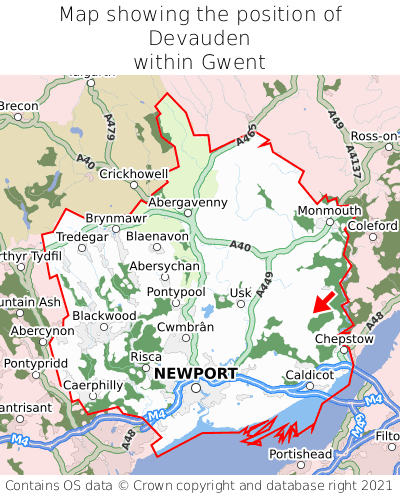 Map showing location of Devauden within Gwent