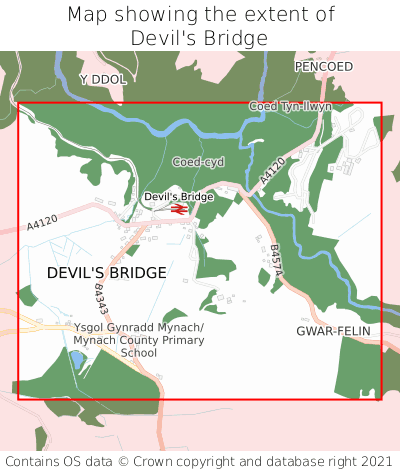 Map showing extent of Devil's Bridge as bounding box