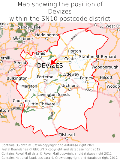 Map showing location of Devizes within SN10
