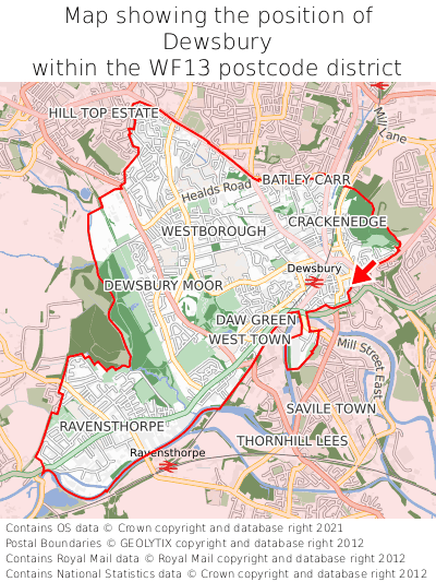Map showing location of Dewsbury within WF13