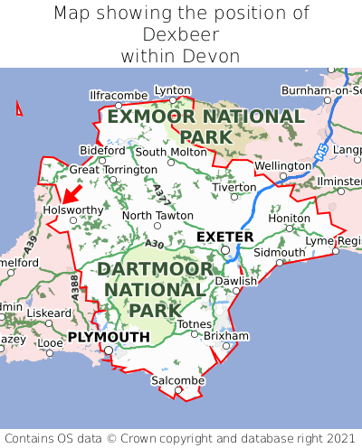 Map showing location of Dexbeer within Devon