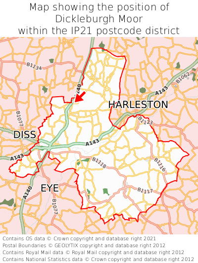 Map showing location of Dickleburgh Moor within IP21