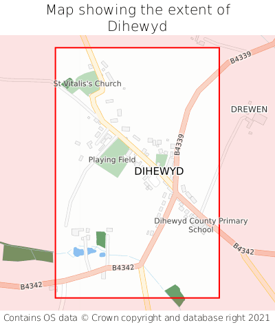 Map showing extent of Dihewyd as bounding box