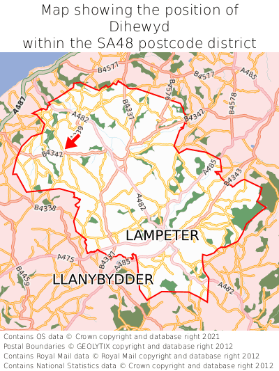 Map showing location of Dihewyd within SA48
