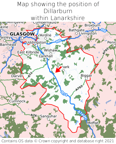 Map showing location of Dillarburn within Lanarkshire