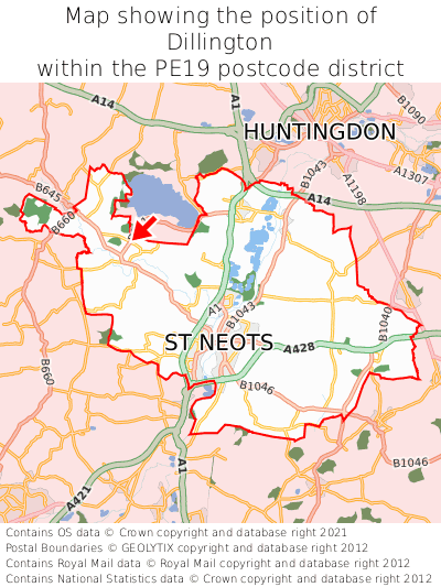 Map showing location of Dillington within PE19