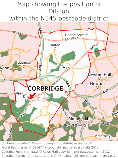 Map showing location of Dilston within NE45