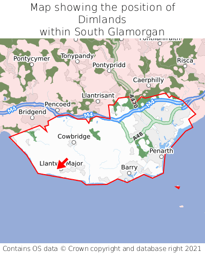 Map showing location of Dimlands within South Glamorgan
