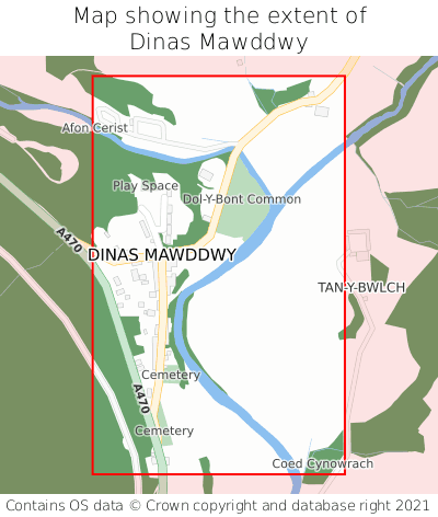 Map showing extent of Dinas Mawddwy as bounding box