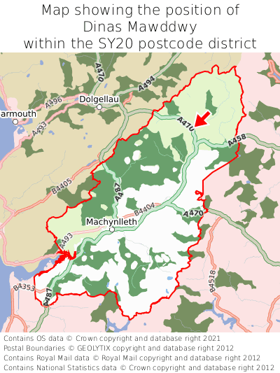 Map showing location of Dinas Mawddwy within SY20