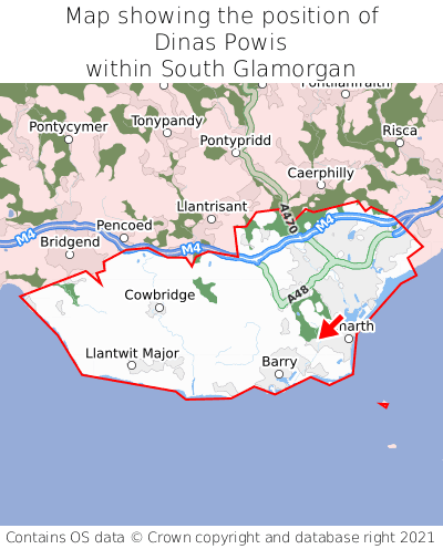 Map showing location of Dinas Powis within South Glamorgan