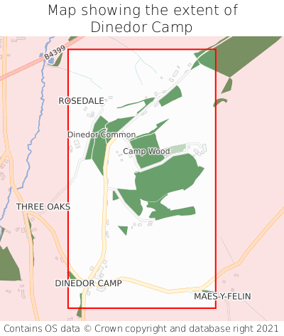 Map showing extent of Dinedor Camp as bounding box