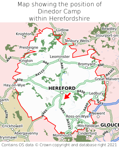 Map showing location of Dinedor Camp within Herefordshire