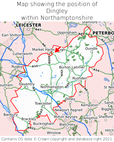 Map showing location of Dingley within Northamptonshire