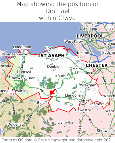 Map showing location of Dinmael within Clwyd