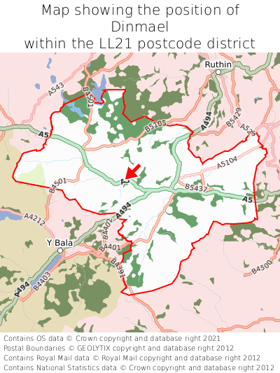 Map showing location of Dinmael within LL21