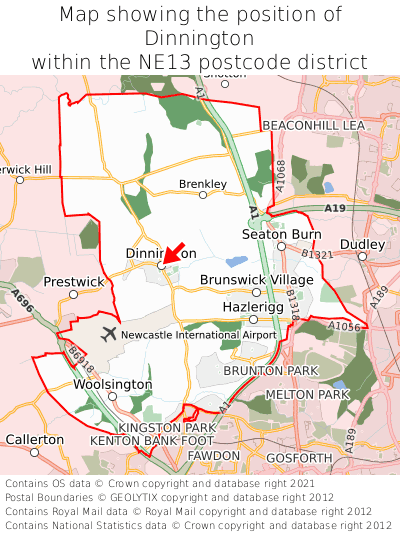 Map showing location of Dinnington within NE13