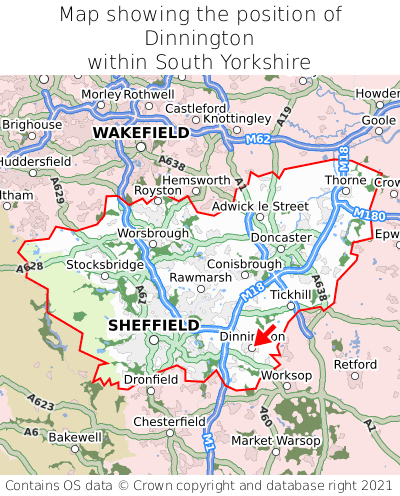 Map showing location of Dinnington within South Yorkshire